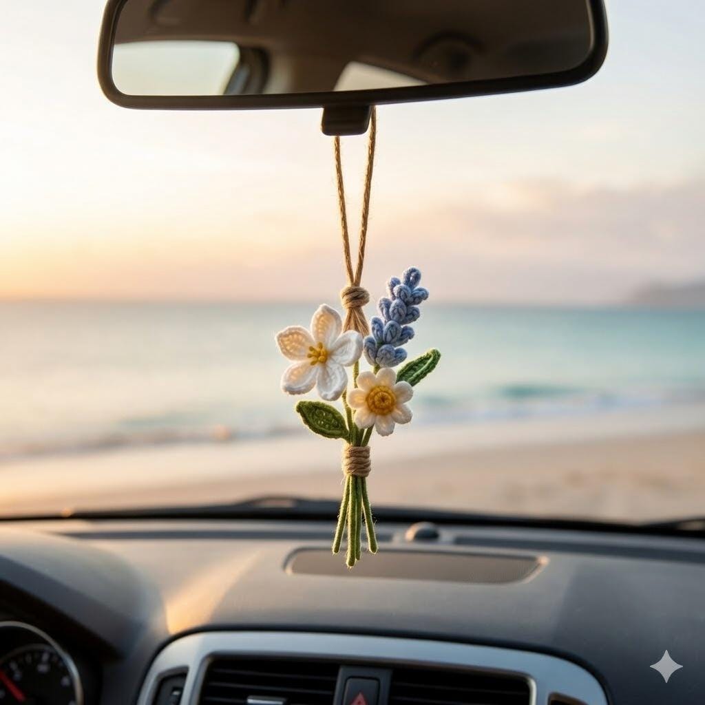 Custom Crochet Flower Car Charm – Daisy Lavender Mirror Decor