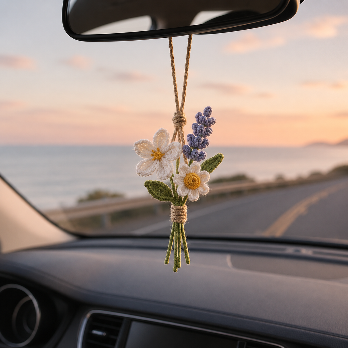 Custom Crochet Flower Car Charm – Daisy Lavender Mirror Decor