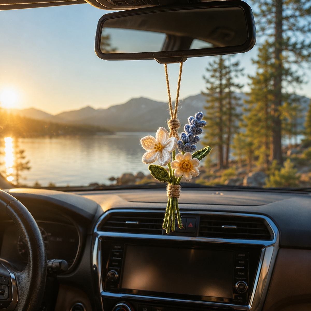 Custom Crochet Flower Car Charm – Daisy Lavender Mirror Decor