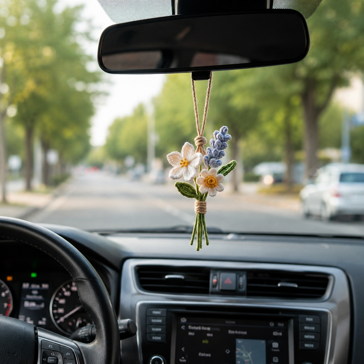 Custom Crochet Flower Car Charm – Daisy Lavender Mirror Decor