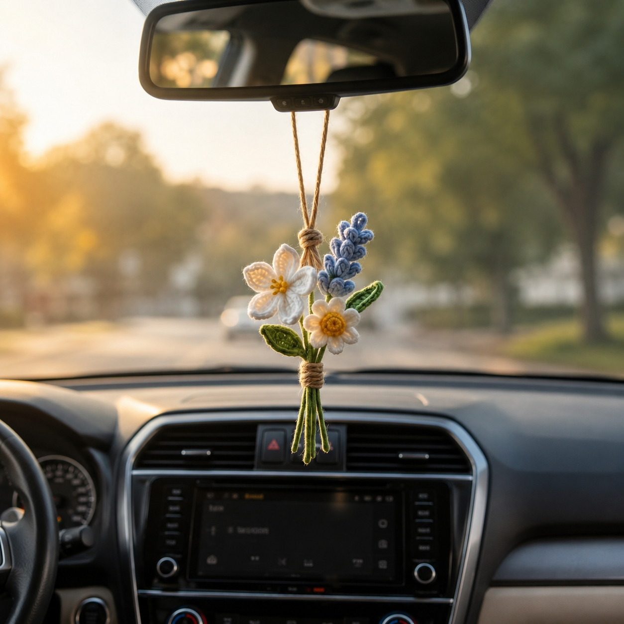 Custom Crochet Flower Car Charm – Daisy Lavender Mirror Decor