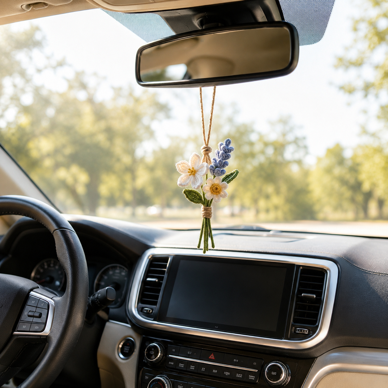 Custom Crochet Flower Car Charm – Daisy Lavender Mirror Decor