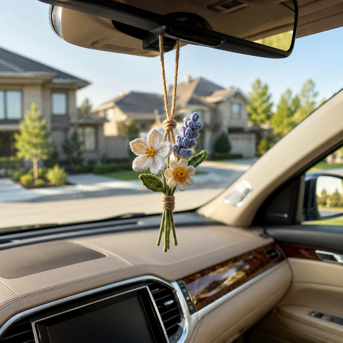 Custom Crochet Flower Car Charm – Daisy Lavender Mirror Decor