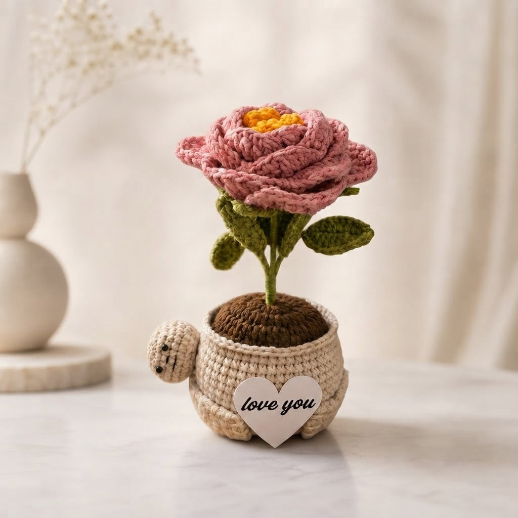 Crochet Peony Flower Pot – Handmade Gift for Mom & Desk Decor