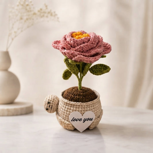 Crochet Peony Flower Pot – Handmade Gift for Mom & Desk Decor