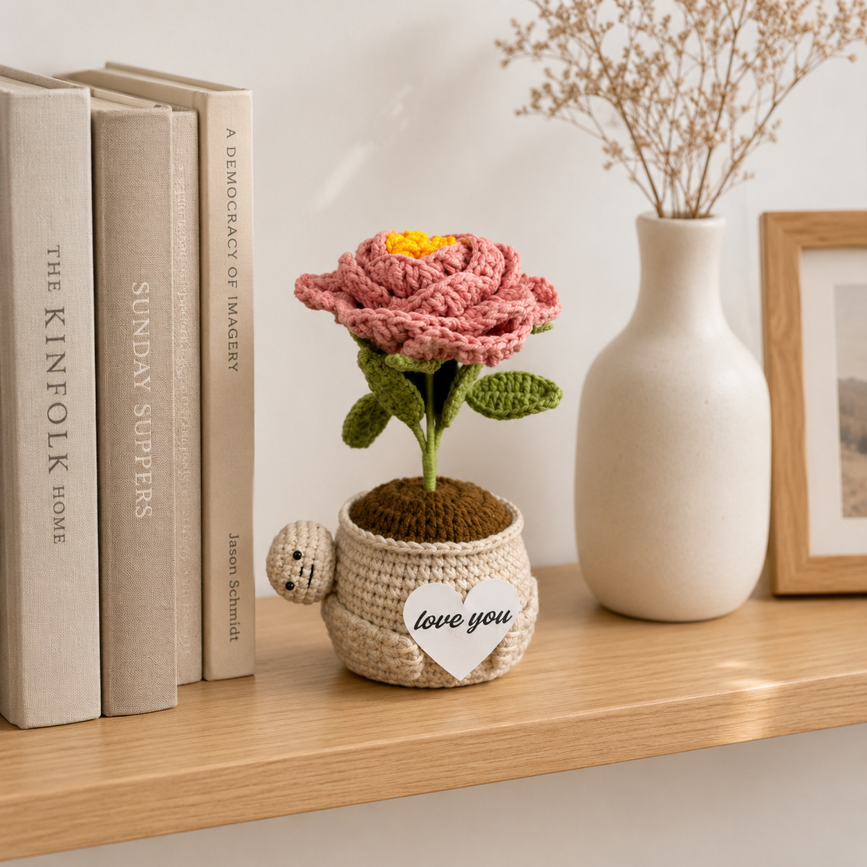 Crochet Peony Flower Pot – Handmade Gift for Mom & Desk Decor