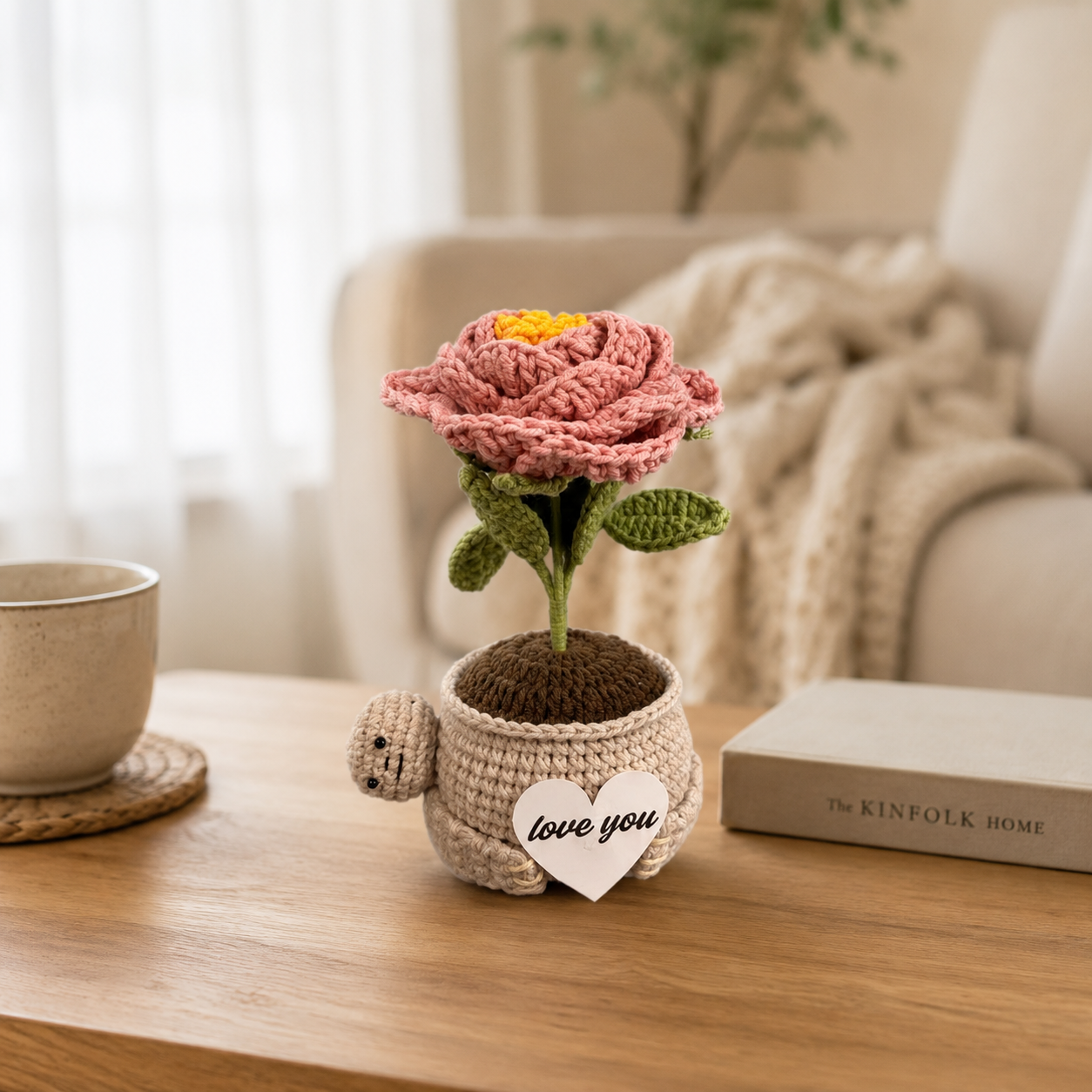 Crochet Peony Flower Pot – Handmade Gift for Mom & Desk Decor