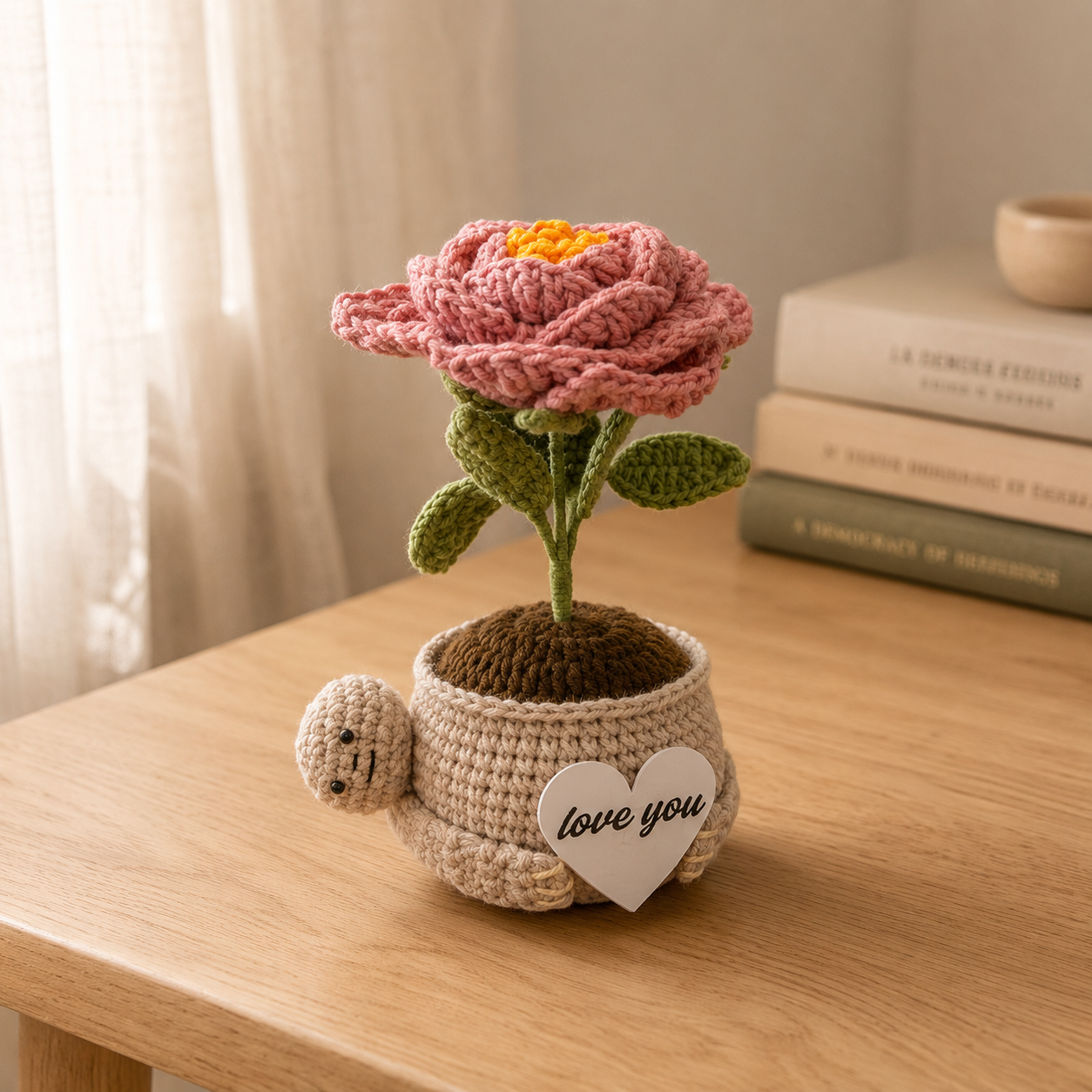 Crochet Peony Flower Pot – Handmade Gift for Mom & Desk Decor