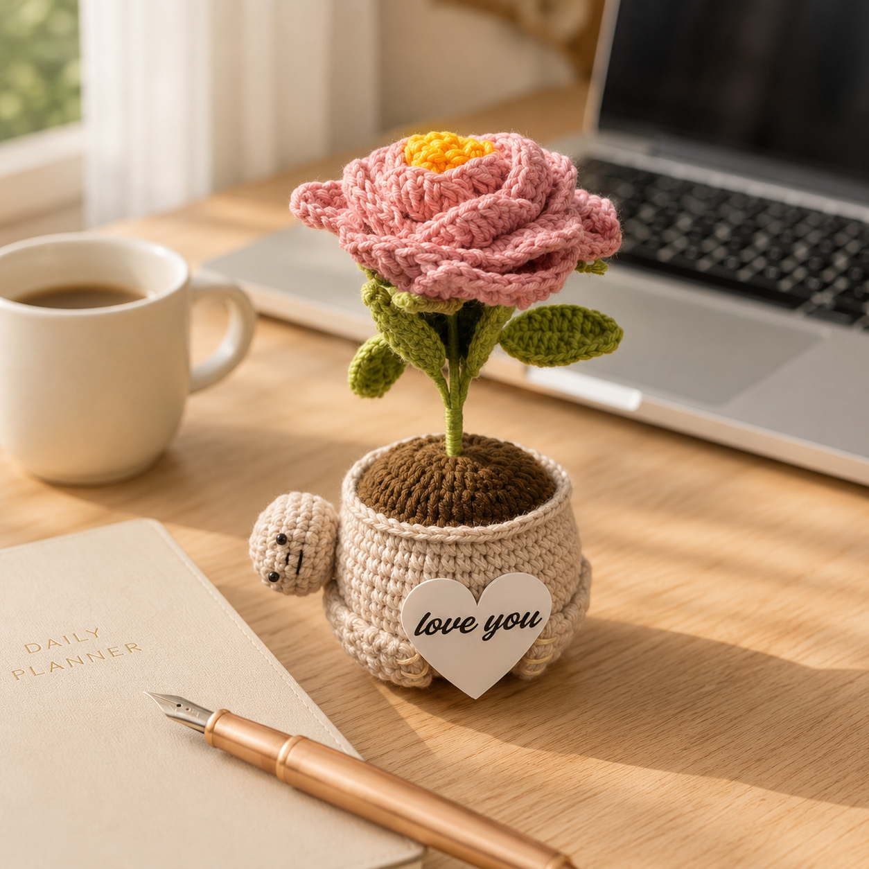 Crochet Peony Flower Pot – Handmade Gift for Mom & Desk Decor