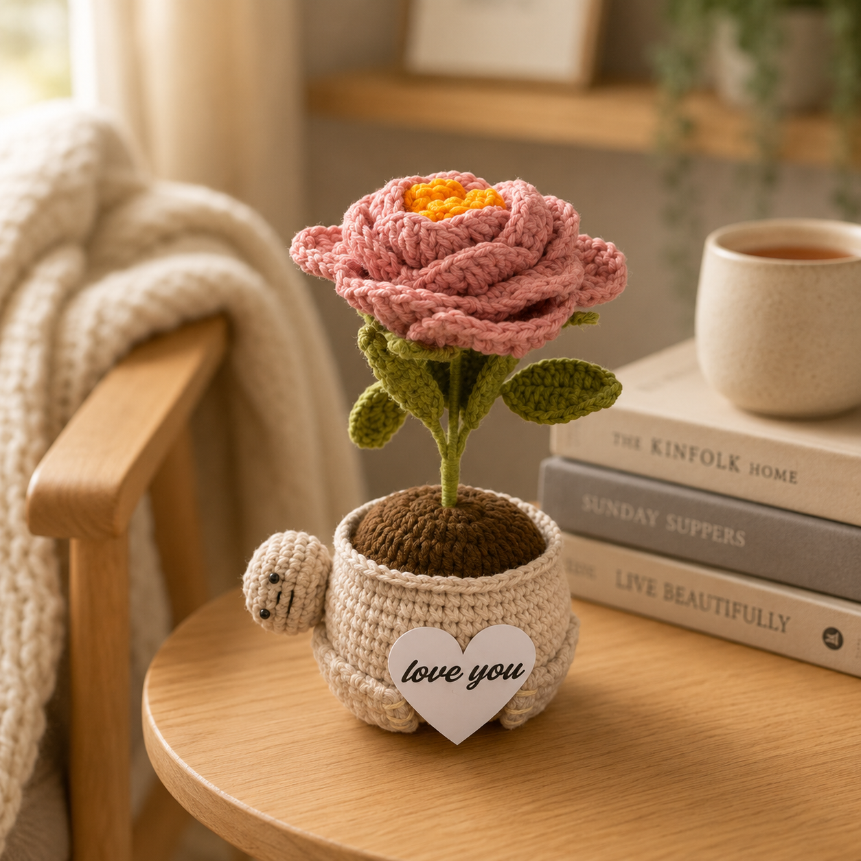 Crochet Peony Flower Pot – Handmade Gift for Mom & Desk Decor