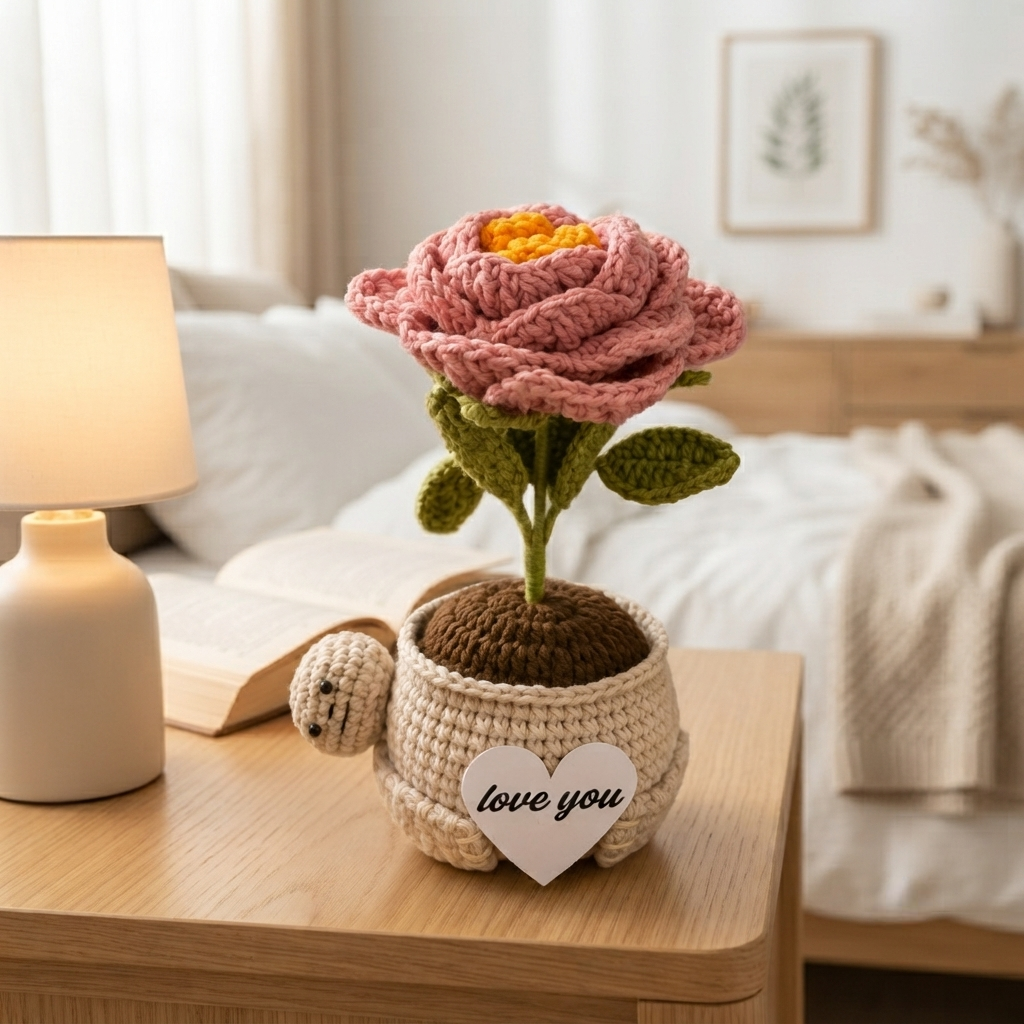 Crochet Peony Flower Pot – Handmade Gift for Mom & Desk Decor