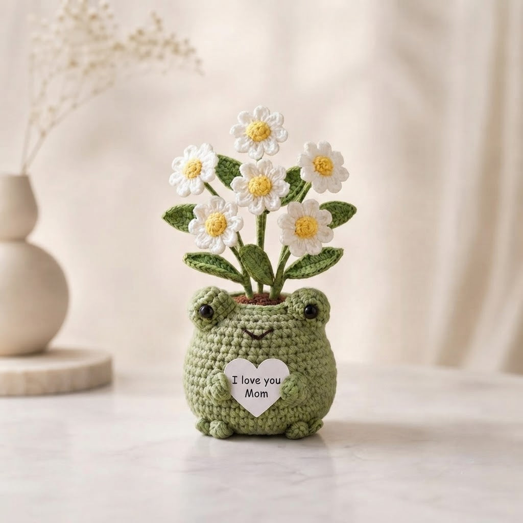Crochet Frog Daisy Flower Pot – Handmade Amigurumi Desk Decor