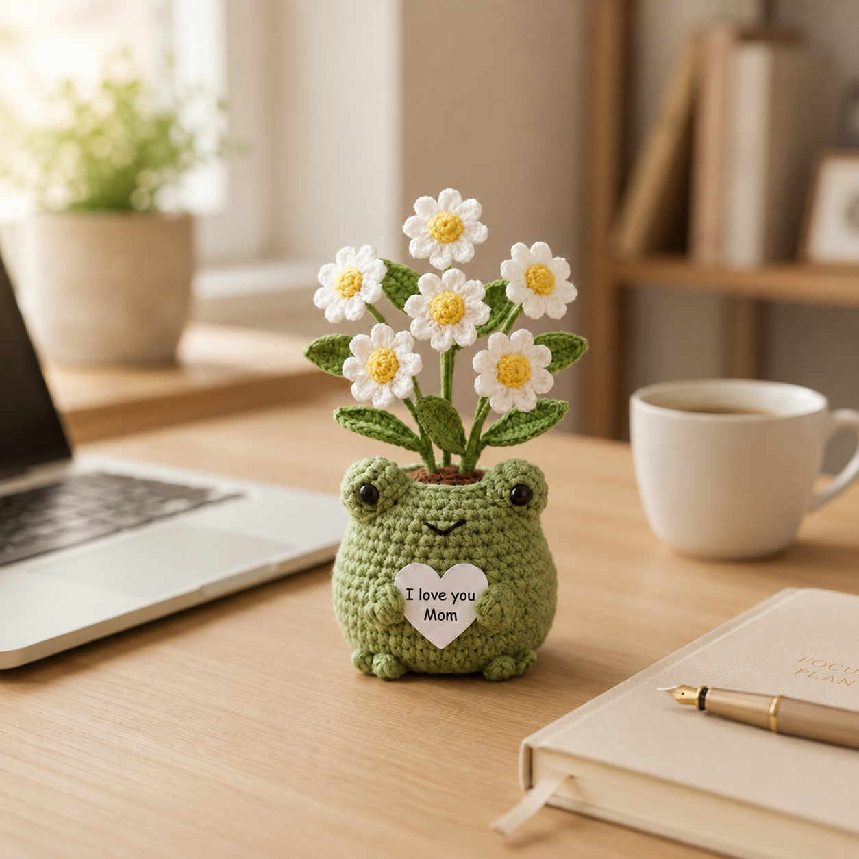 Crochet Frog Daisy Flower Pot – Handmade Amigurumi Desk Decor