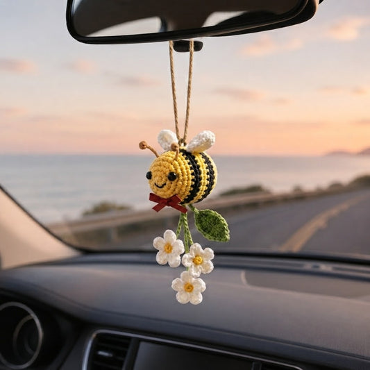 Crochet Bumble Bee Car Hanging – Handmade Bee Car Mirror Charm