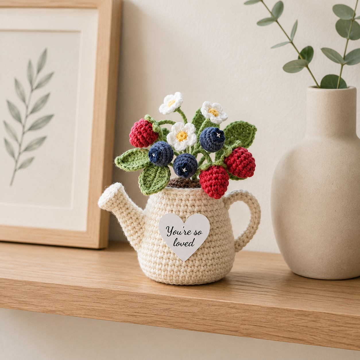 Crochet Berry Watering Can – Handmade Blueberry & Raspberry Decor