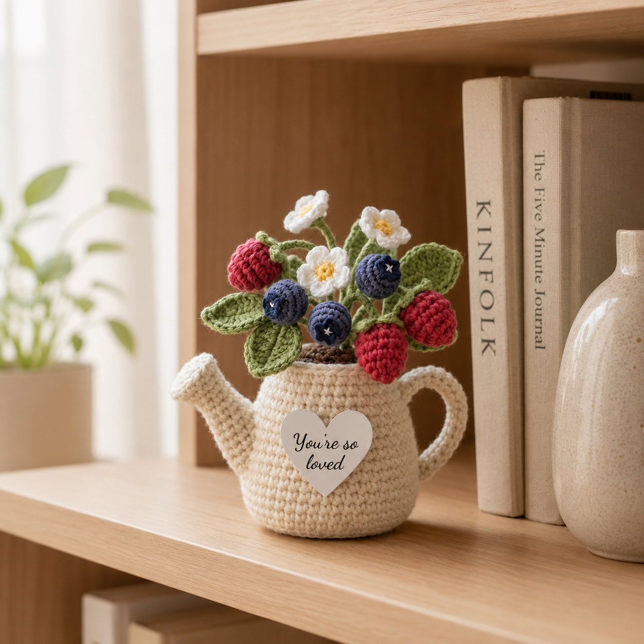 Crochet Berry Watering Can – Handmade Blueberry & Raspberry Decor