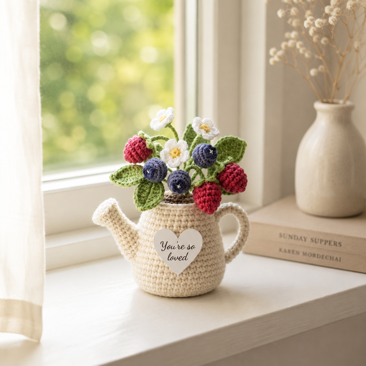 Crochet Berry Watering Can – Handmade Blueberry & Raspberry Decor