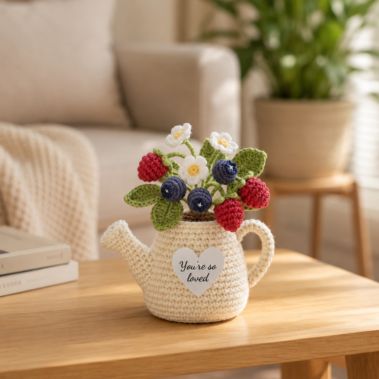 Crochet Berry Watering Can – Handmade Blueberry & Raspberry Decor