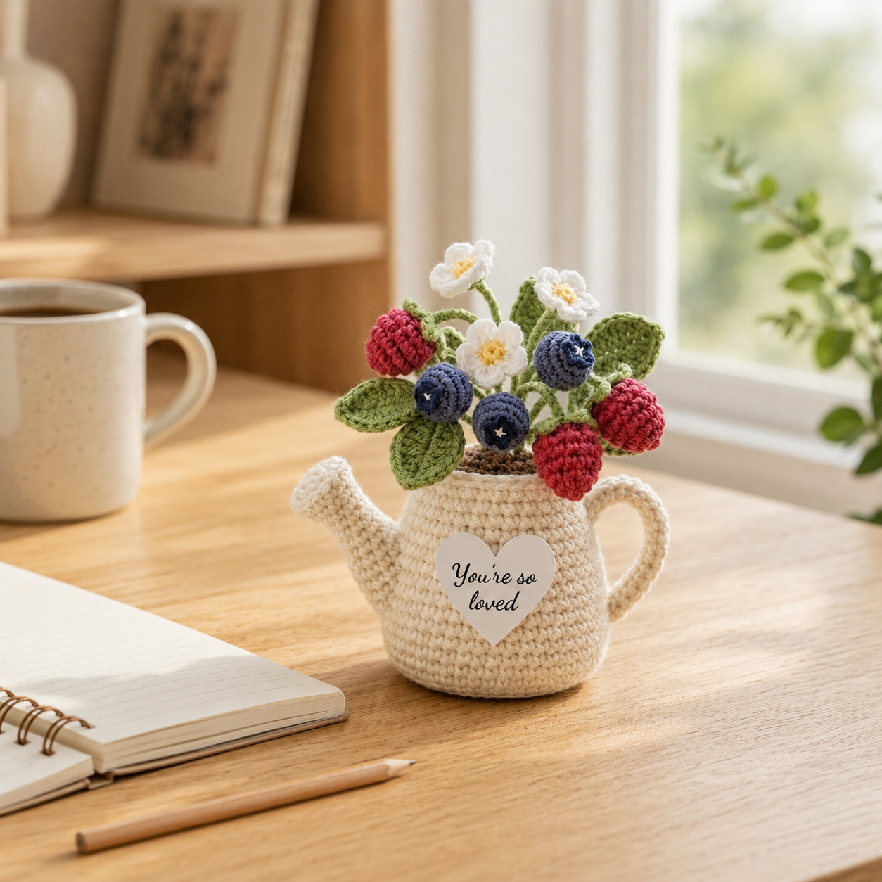 Crochet Berry Watering Can – Handmade Blueberry & Raspberry Decor