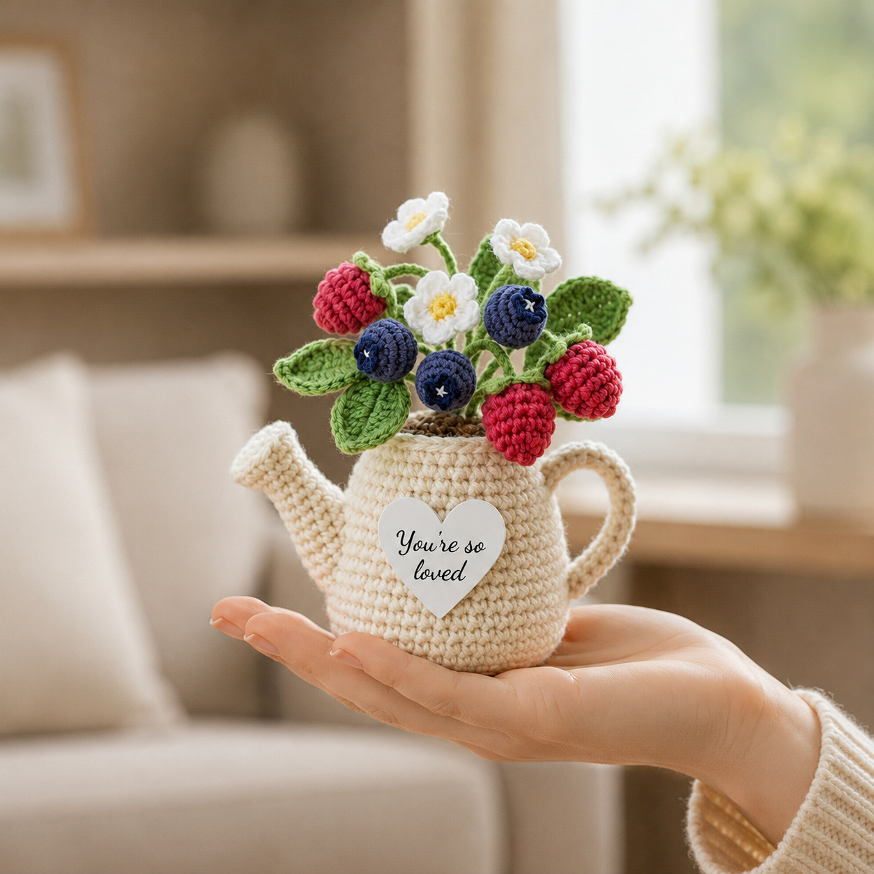 Crochet Berry Watering Can – Handmade Blueberry & Raspberry Decor