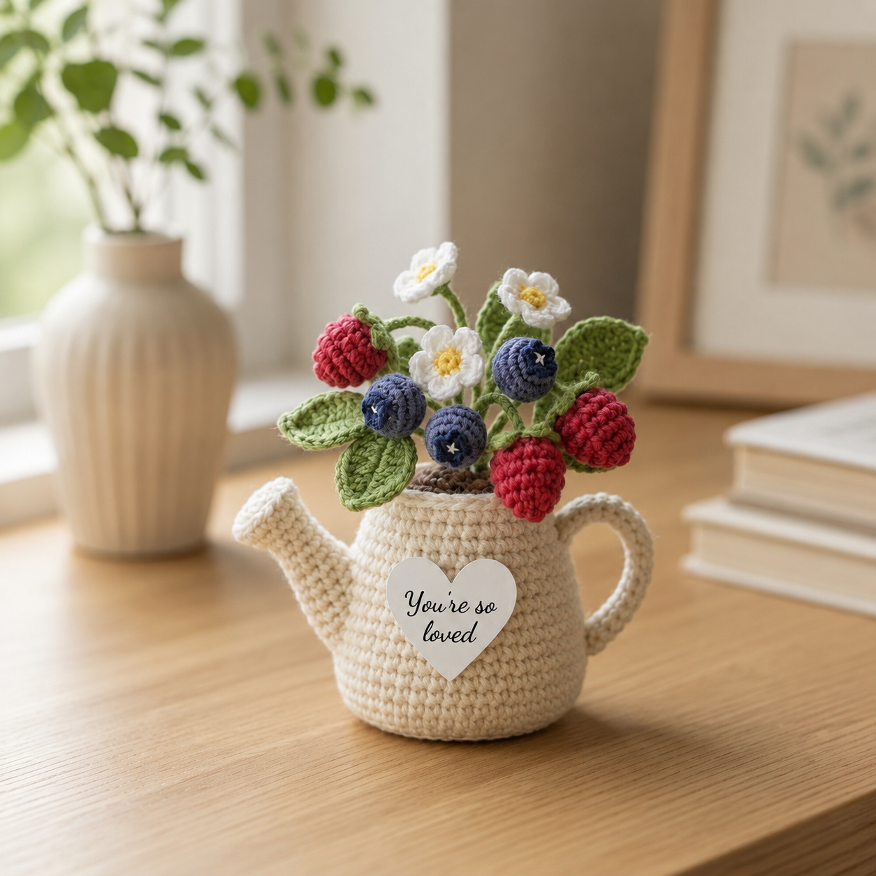 Crochet Berry Watering Can – Handmade Blueberry & Raspberry Decor