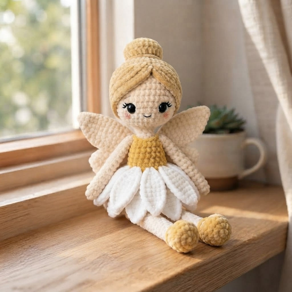 Handmade Crochet Daisy Fairy Doll – Amigurumi Angel Plush, Soft Nursery Decor