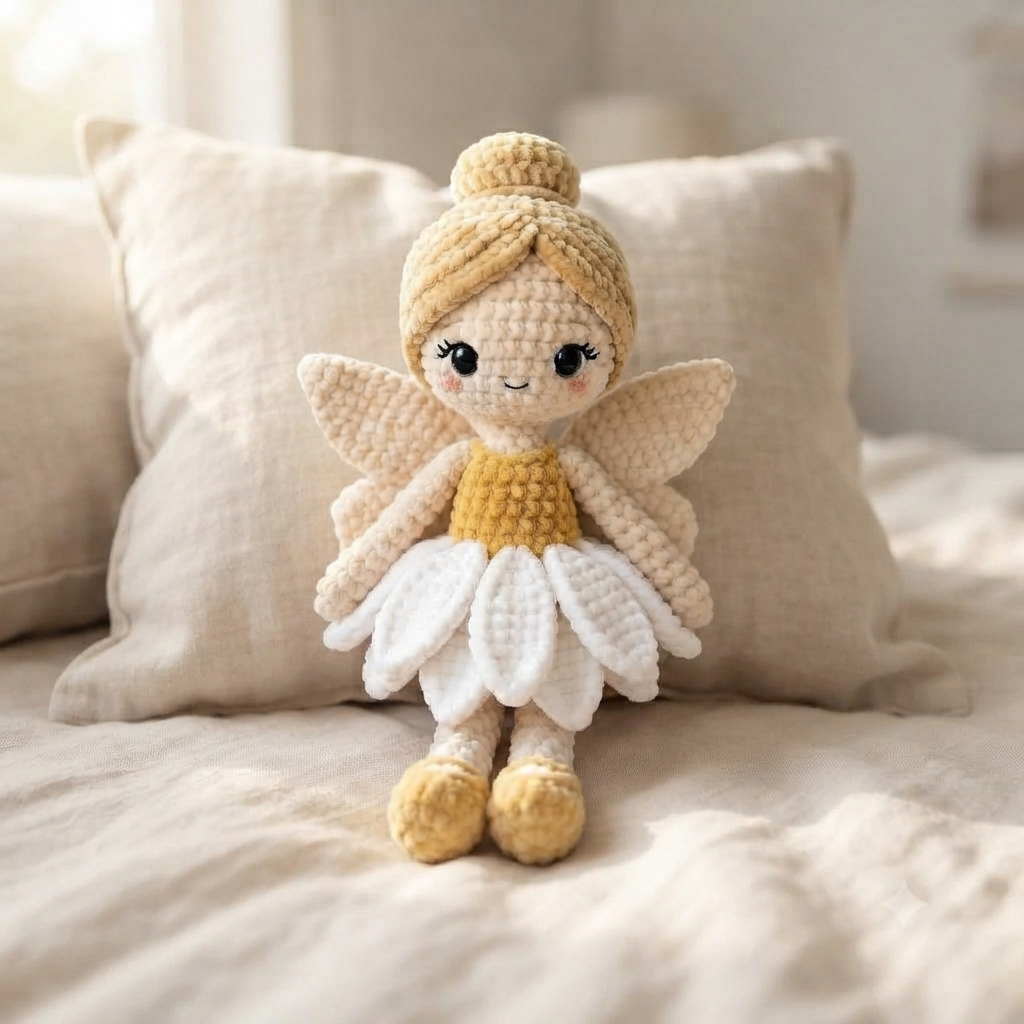 Handmade Crochet Daisy Fairy Doll – Amigurumi Angel Plush, Soft Nursery Decor