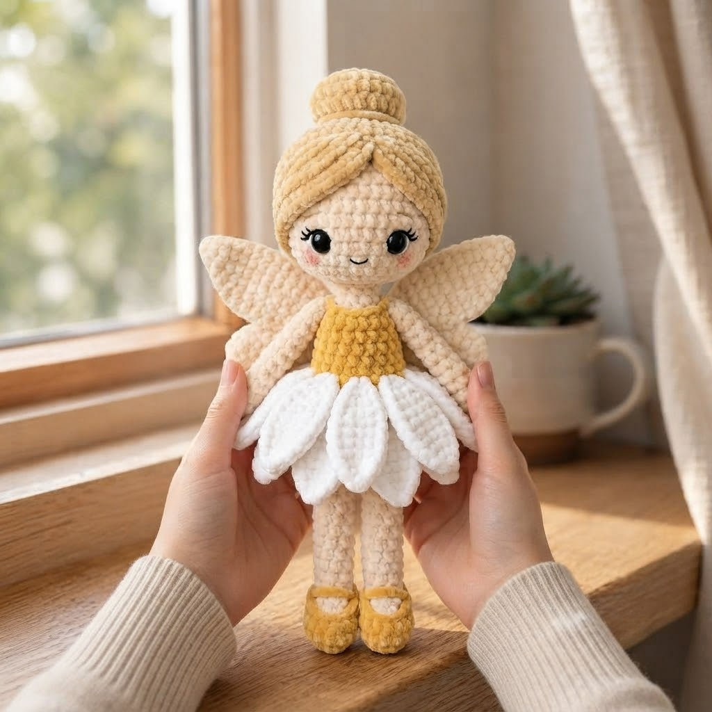 Handmade Crochet Daisy Fairy Doll – Amigurumi Angel Plush, Soft Nursery Decor