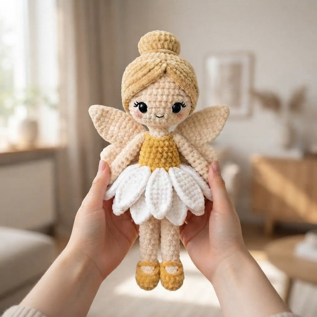 Handmade Crochet Daisy Fairy Doll – Amigurumi Angel Plush, Soft Nursery Decor