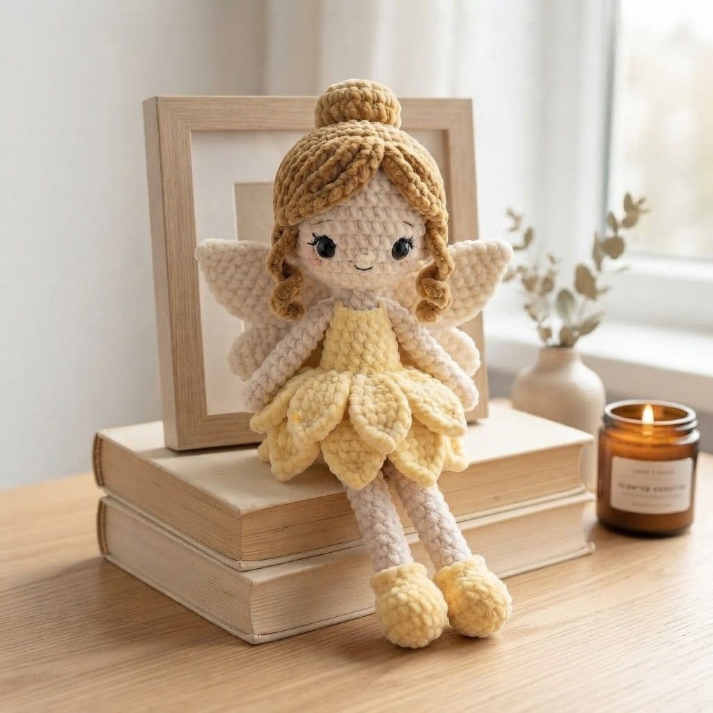 Handmade Crochet Daisy Fairy Doll – Amigurumi Fairy Plush with Floral Dress, Nursery Decor