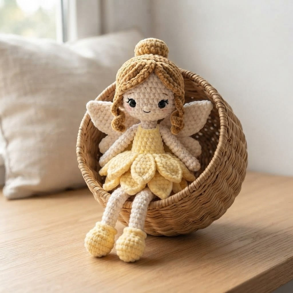 Handmade Crochet Daisy Fairy Doll – Amigurumi Fairy Plush with Floral Dress, Nursery Decor