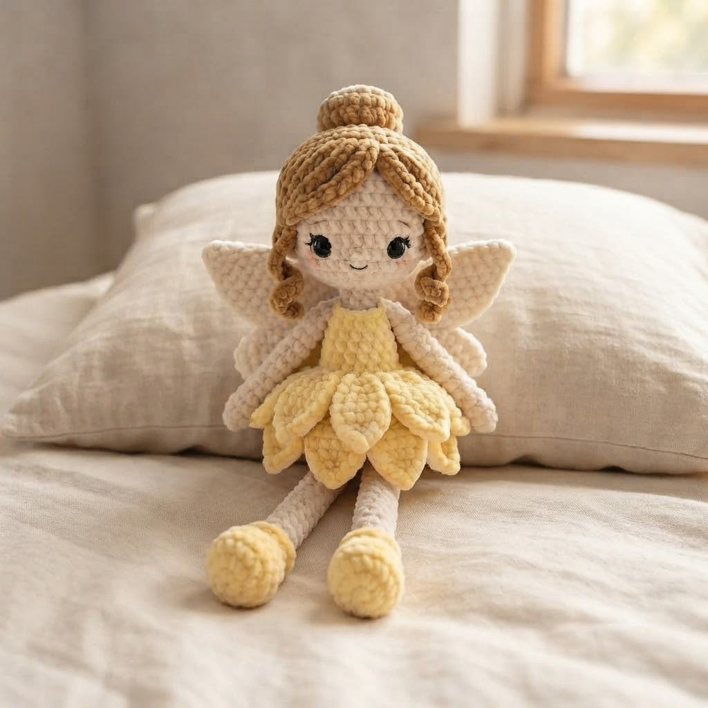 Handmade Crochet Daisy Fairy Doll – Amigurumi Fairy Plush with Floral Dress, Nursery Decor