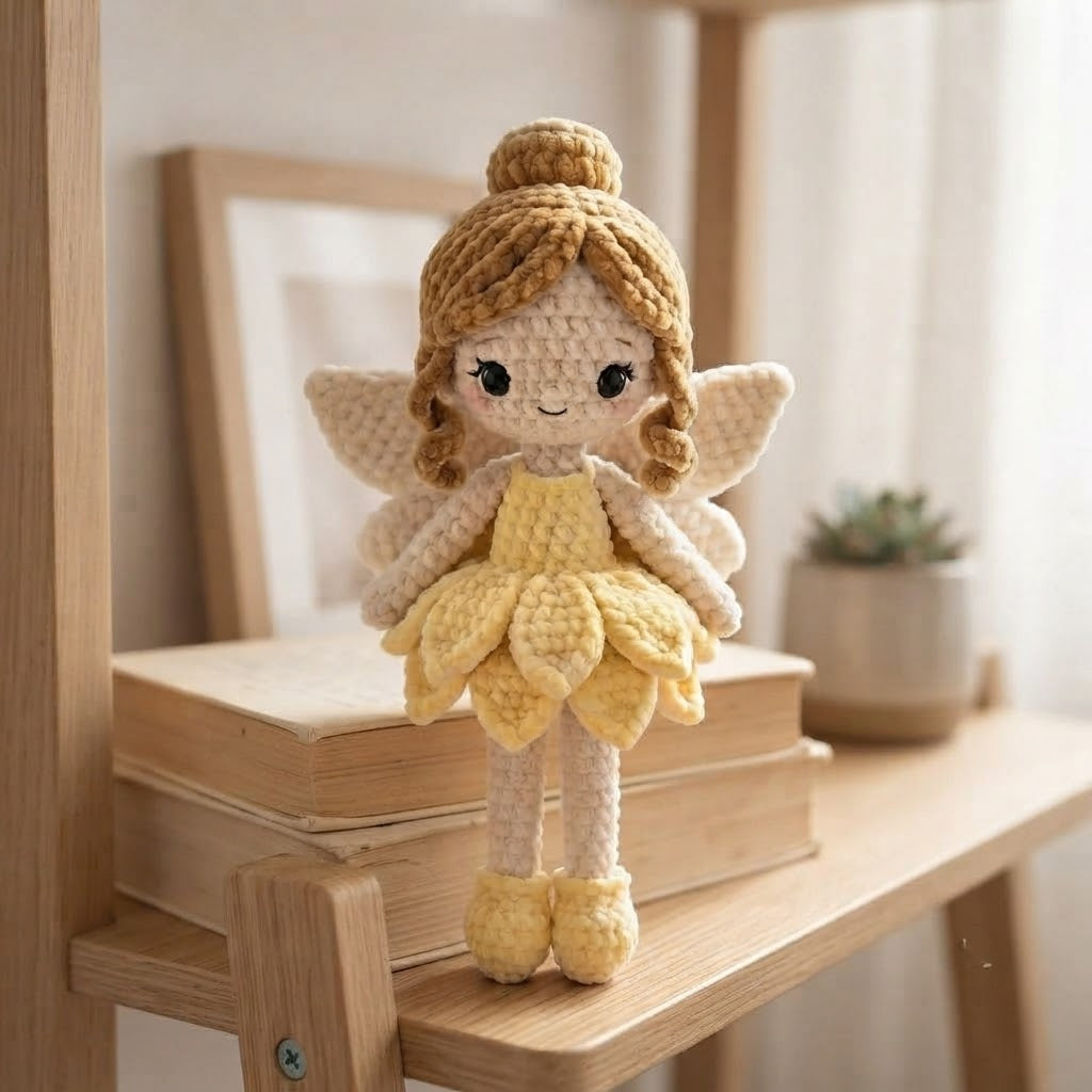Handmade Crochet Daisy Fairy Doll – Amigurumi Fairy Plush with Floral Dress, Nursery Decor