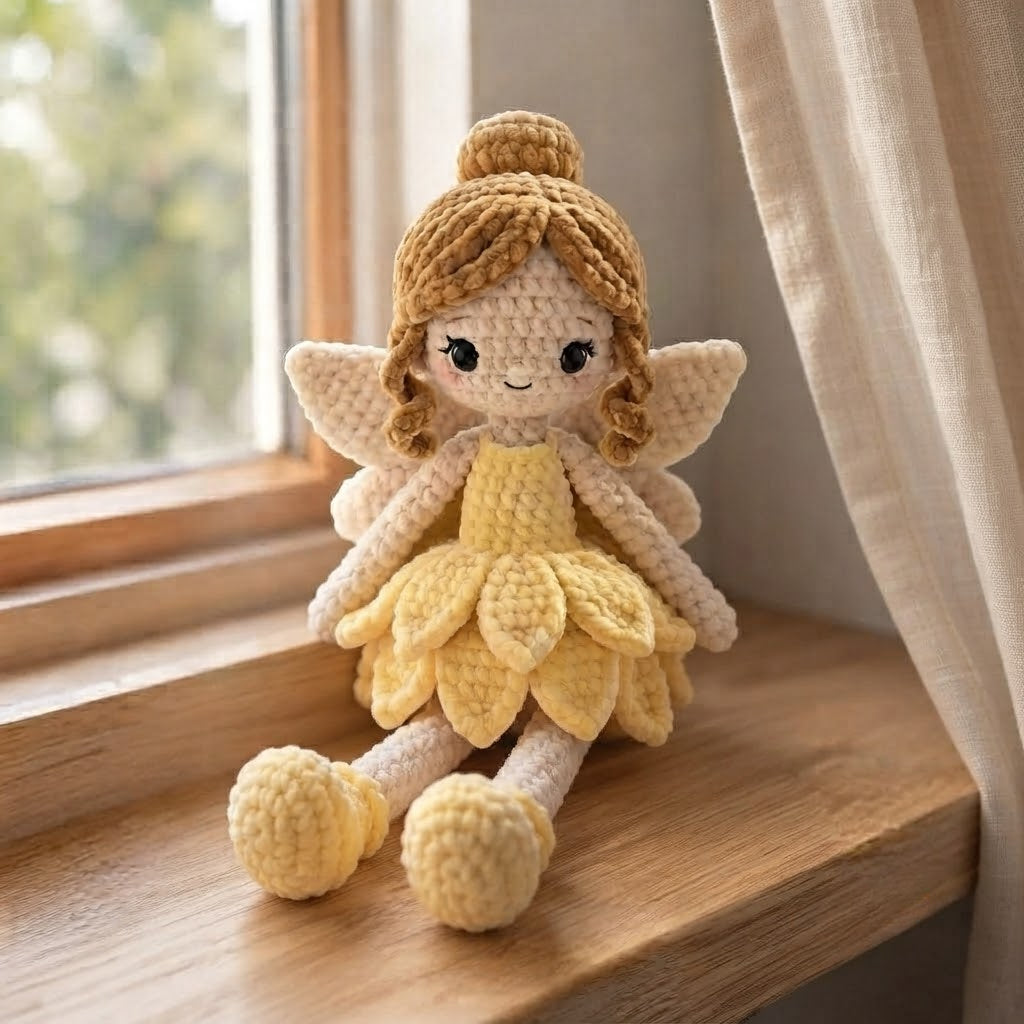 Handmade Crochet Daisy Fairy Doll – Amigurumi Fairy Plush with Floral Dress, Nursery Decor
