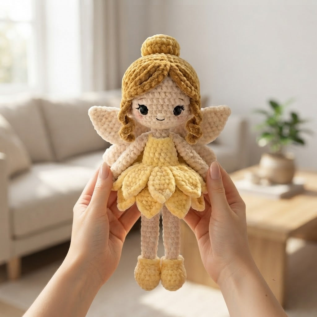 Handmade Crochet Daisy Fairy Doll – Amigurumi Fairy Plush with Floral Dress, Nursery Decor