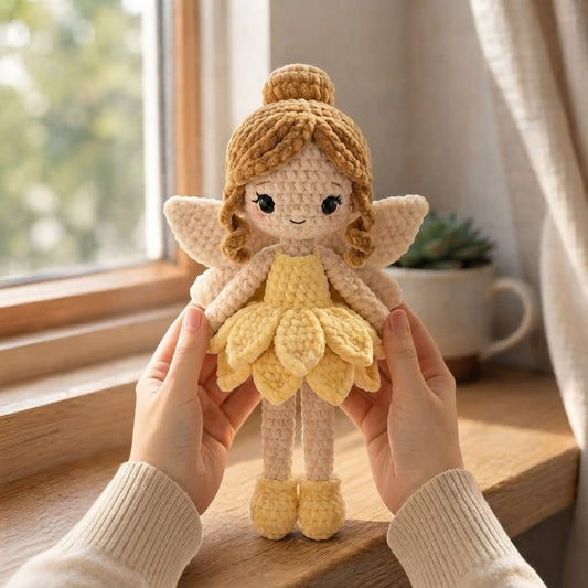 Handmade Crochet Daisy Fairy Doll – Amigurumi Fairy Plush with Floral Dress, Nursery Decor
