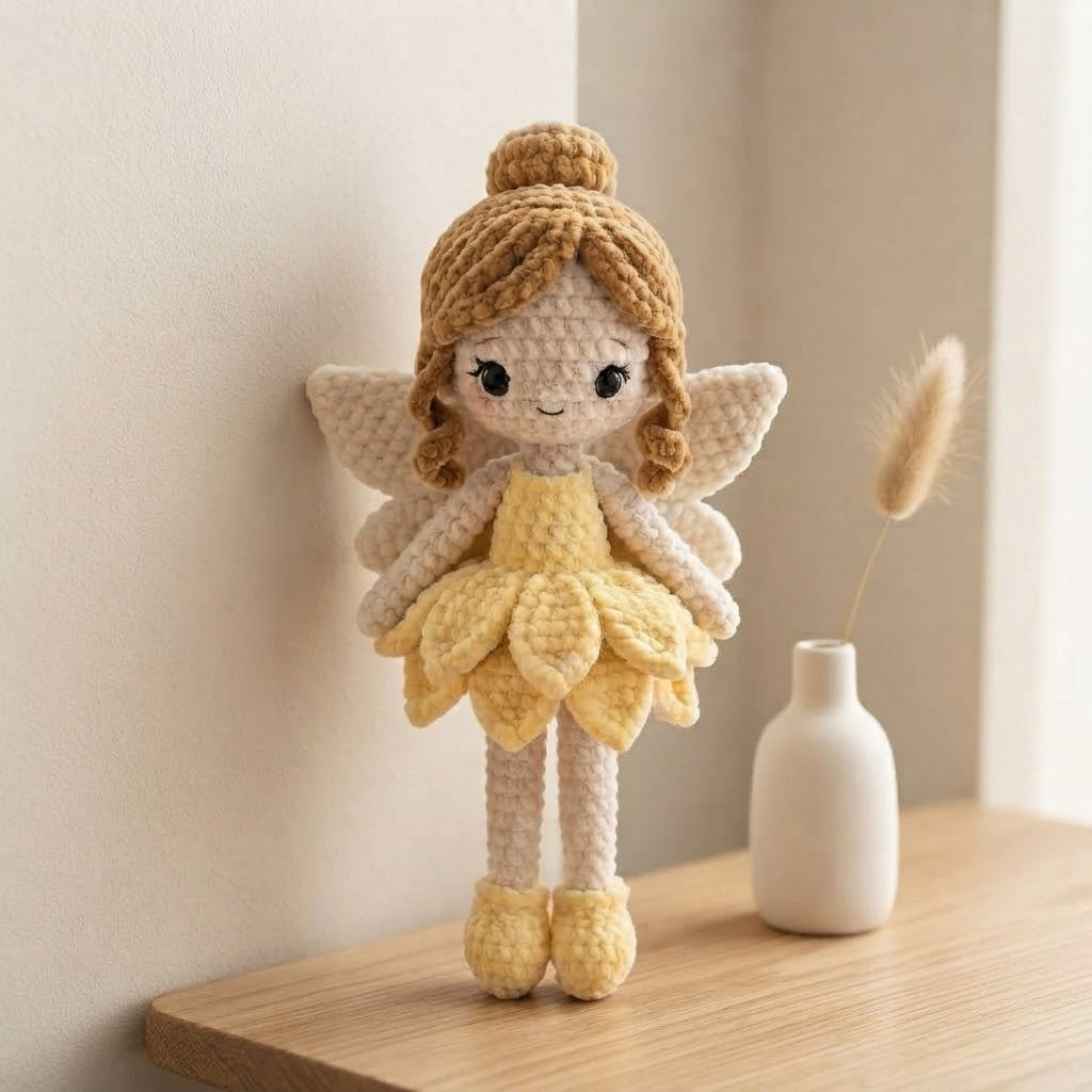 Handmade Crochet Daisy Fairy Doll – Amigurumi Fairy Plush with Floral Dress, Nursery Decor
