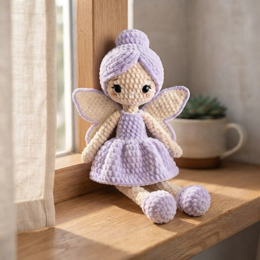 Handmade Lavender Crochet Fairy Doll – Amigurumi Fairy Plush with Wings, Nursery Decor