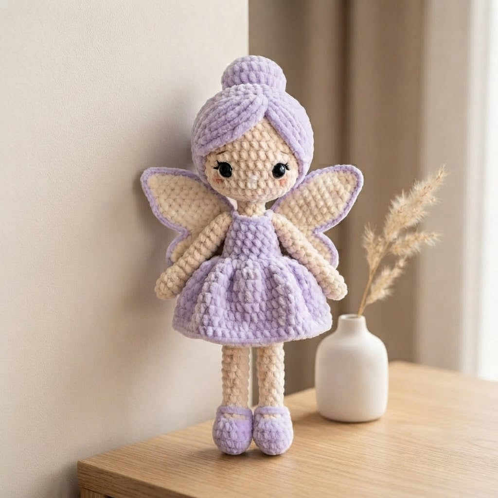 Handmade Lavender Crochet Fairy Doll – Amigurumi Fairy Plush with Wings, Nursery Decor