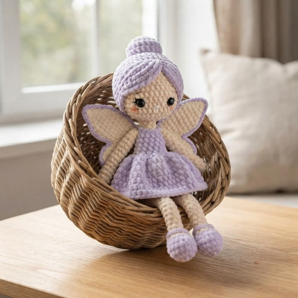 Handmade Lavender Crochet Fairy Doll – Amigurumi Fairy Plush with Wings, Nursery Decor