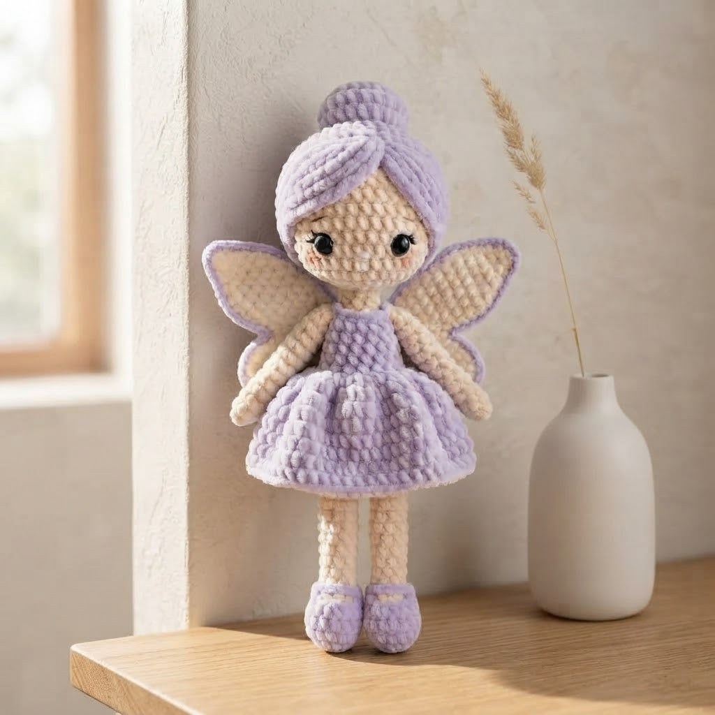 Handmade Lavender Crochet Fairy Doll – Amigurumi Fairy Plush with Wings, Nursery Decor