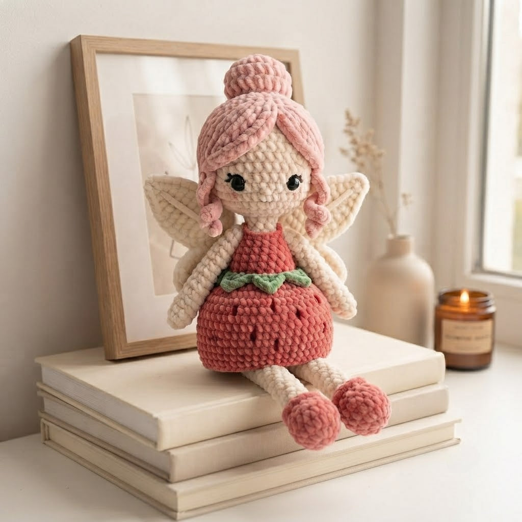 Handmade Strawberry Crochet Fairy Doll – Amigurumi Fairy Plush, Nursery Decor