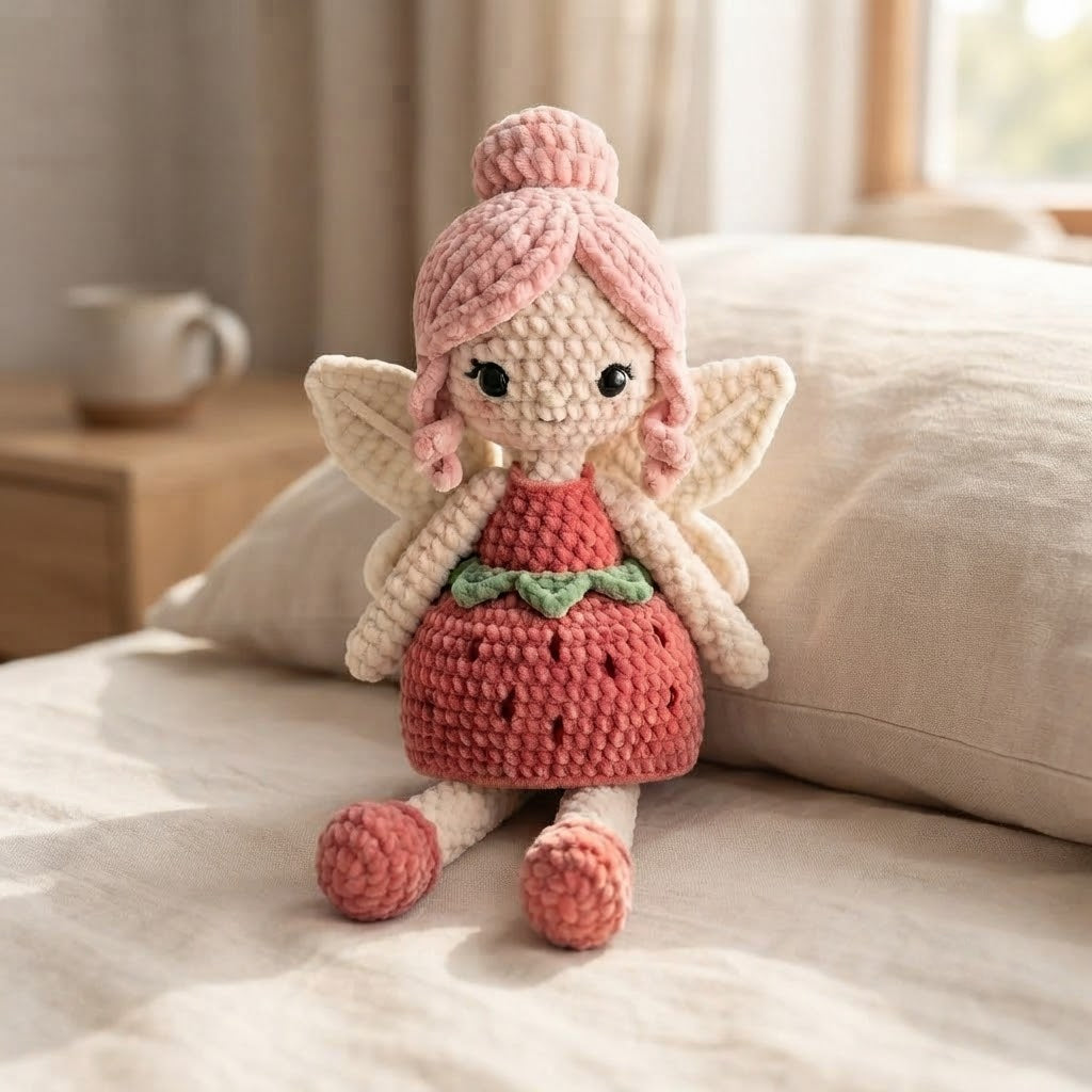 Handmade Strawberry Crochet Fairy Doll – Amigurumi Fairy Plush, Nursery Decor