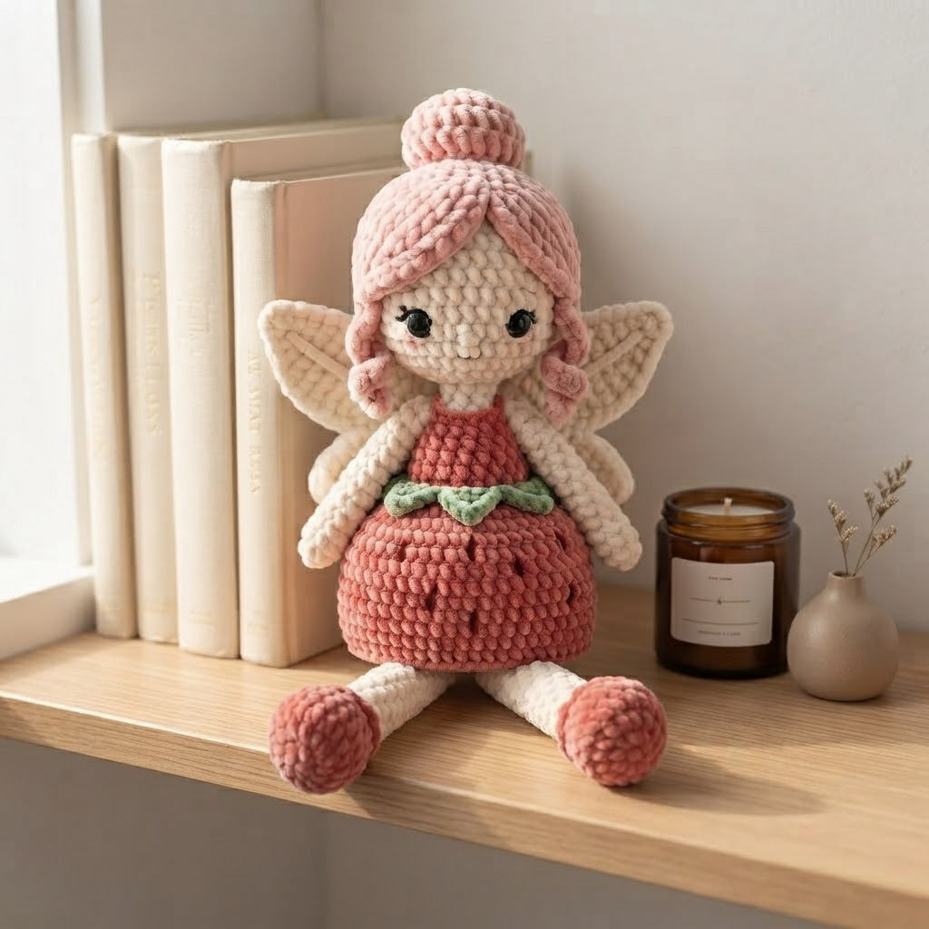 Handmade Strawberry Crochet Fairy Doll – Amigurumi Fairy Plush, Nursery Decor