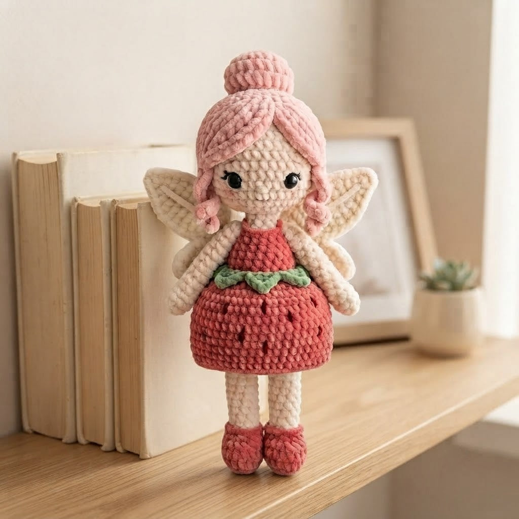 Handmade Strawberry Crochet Fairy Doll – Amigurumi Fairy Plush, Nursery Decor