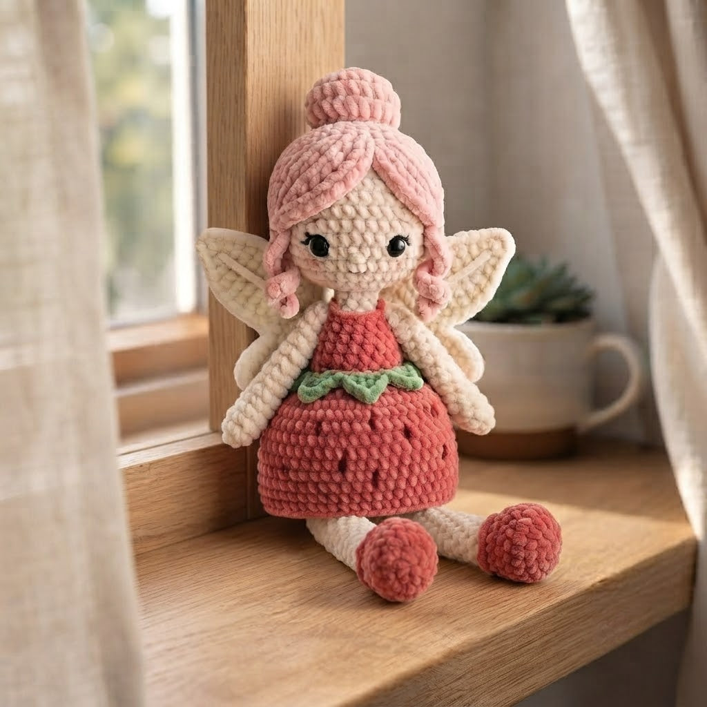 Handmade Strawberry Crochet Fairy Doll – Amigurumi Fairy Plush, Nursery Decor