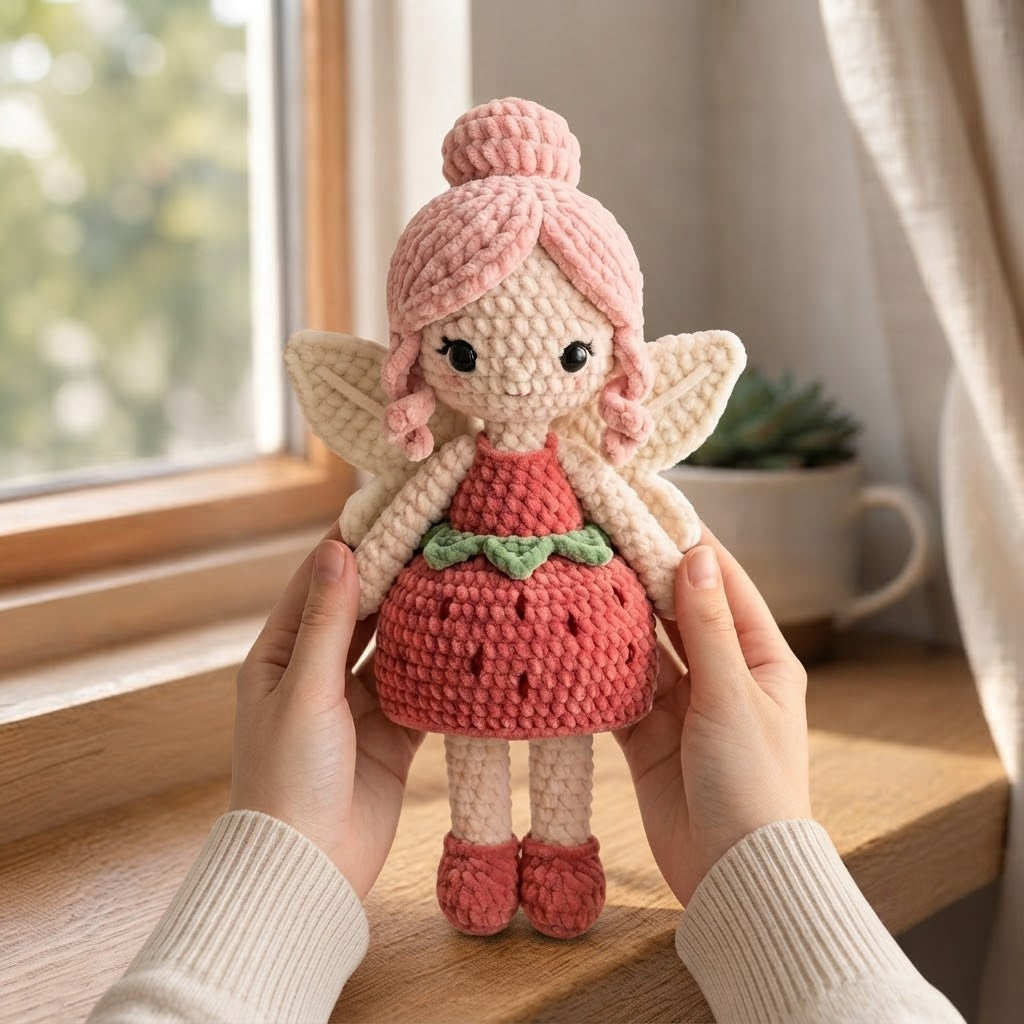 Handmade Strawberry Crochet Fairy Doll – Amigurumi Fairy Plush, Nursery Decor