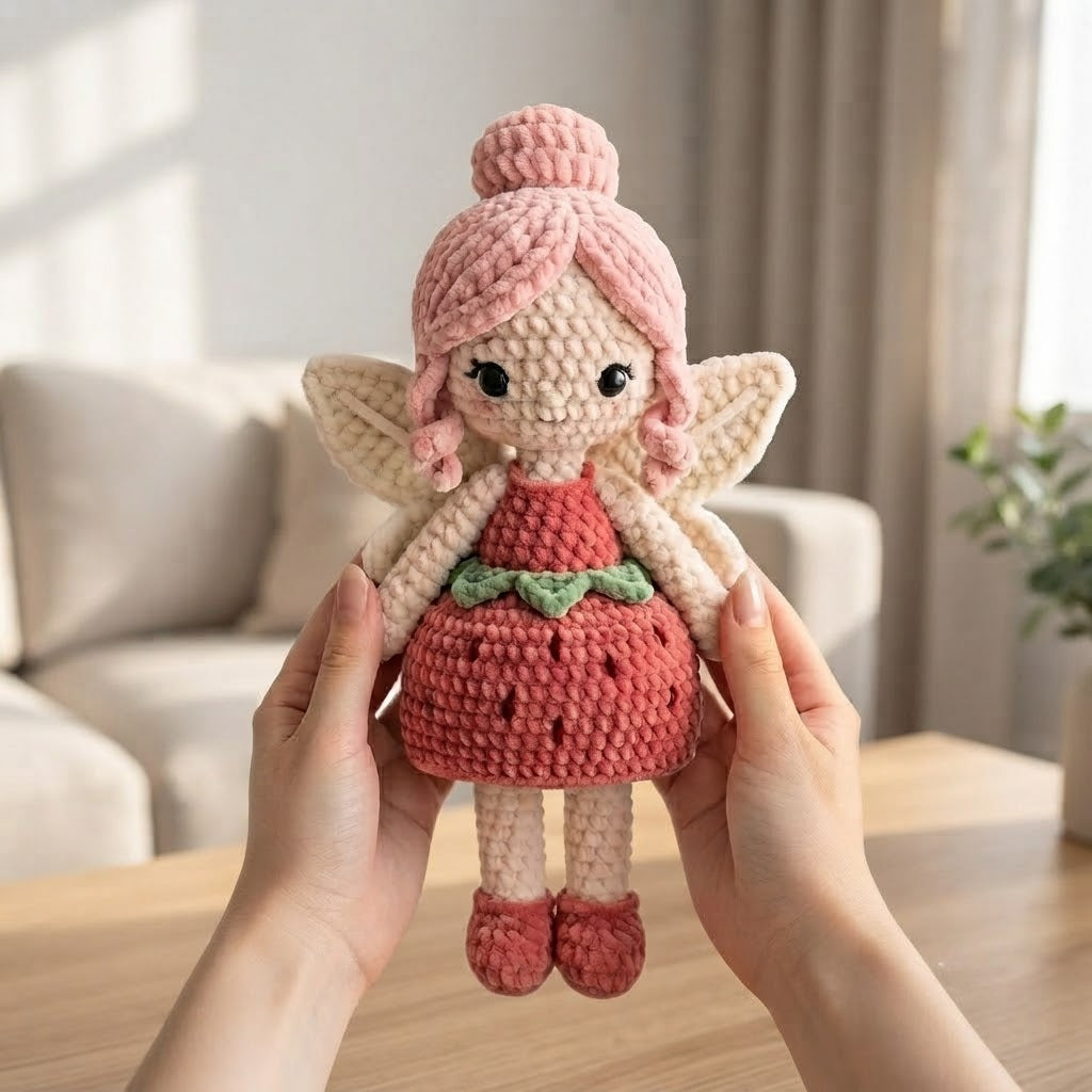 Handmade Strawberry Crochet Fairy Doll – Amigurumi Fairy Plush, Nursery Decor