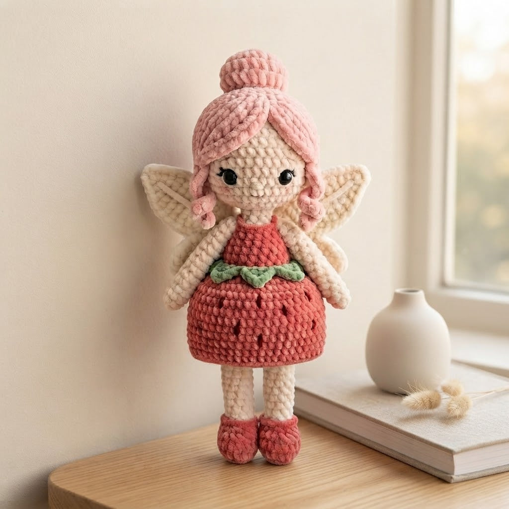 Handmade Strawberry Crochet Fairy Doll – Amigurumi Fairy Plush, Nursery Decor