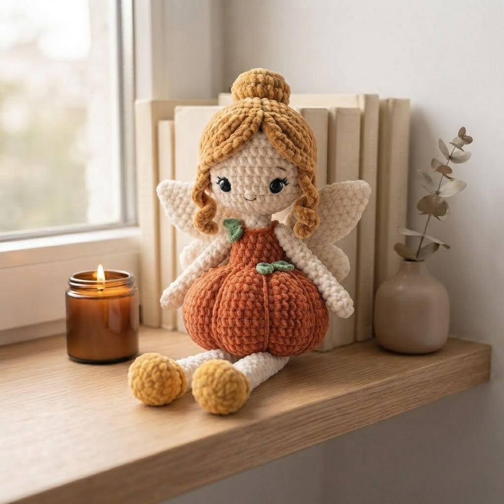 Handmade Pumpkin Fairy Crochet Doll – Autumn Amigurumi Plush, Fall Fairy Decor